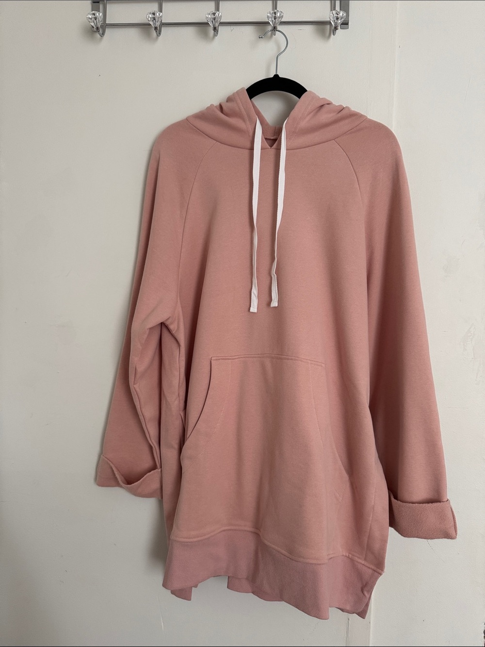 Oversized Pink Longline Hoodie Tunic Side Slits - Size XL